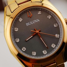 Bulova Ladies Watch Gold Bracelet Grey Dial Diamond Markers  - New Battery