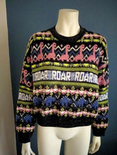 WOMENS UNISEX FUN QUIRKY DINOSAUR ROAR JUMPER SWEATER MULTICOLOURED S M