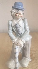 Vintage Porcelain Clown Figurine – 7" Tall – Pastel Blue & Grey