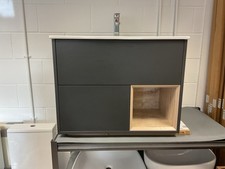 Milano Bexley 80cm Wall Hung Vanity In Black Grey/ Oak Open Shelf , Mixer .