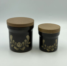 Vintage Denby Bakewell Storage Jars Small & Medium Brown Floral Design Wood Lid