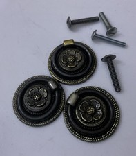 Vtg 3 Brass Gothic Round Tudor Rose Drawer Cabinet Door Knob Pull Ring Handle