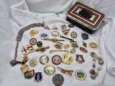 Job Lot 25+ Pin Badge, Tie Pins, Bracelets & Vintage Chad Valley Childrens Tin