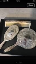 vintage silver platted vanity set mirror brush & comb in original box 