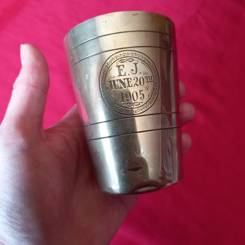 Antique engraved metal beaker - antique,