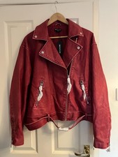 NWT £55 Women's PLT Cherry Red Oversized Faded Faux Leather Zip Biker Jacket, 16