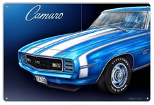 1969 BLUE CAMARO SS 18" HEAVY DUTY USA METAL AUTOMOBILE CAR ADVERTISING SIGN