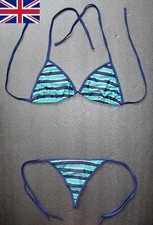 Sexy THONG BIKINI Blue & Shiny Gold Ladies Swimming Costume G-STRING Swimsuit