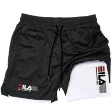 Mens 2 in 1 Shorts Sport Gym Running Fitness Training Quick Dry Double Layer UK