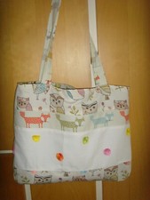 NEW MADE IN  LITTLE OWL  FOX COTTON FABRIC TOTE GRAB BAG  13IN LINED GIFT