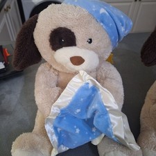 Morrisons Peekaboo Singing Dog Blue & White Stars On Nightcap & Blanket 15”
