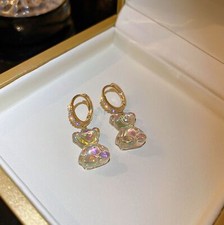 Gold Sterling Silver Cubic Zirconia Cute  Candy Gummy Hoop Bear Dangle Earrings