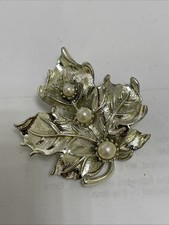 Vintage Signed Hollywood Silver Tone and Faux Pearl Brooch Pin