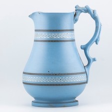 Antique English Pottery Jug Patent Blue Mosaic Design Dudson Stourbridge c.1870