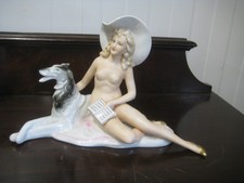 6 3/4" Wagner & Apel Porcelain Nude Lady With Book & Borzoi Dog Sculpture