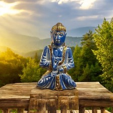 ChiselCraft Thai Wooden Buddha Hand Carved Hard Painted  In or Outdoors Blue