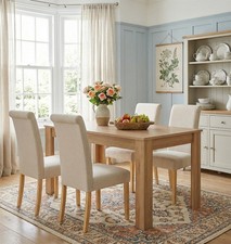 Dining Table Set, Oak Fixed Top Table 120cm, 4 Roll Top Fabric Chair, Cream