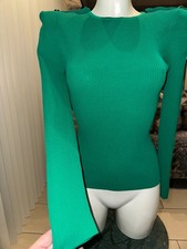 KAREN MILLEN MILITARY POWER SHOULDER SIZE XS BNWT Crested Buttons GREEN JUMPER