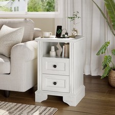 Light Bedside Table 2 Drawer Nightstand Storage Cabinet Charging Station Modern