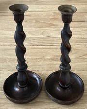Antique Barley Twist Wood Candlesticks Candle Holders PAIR 12.5” Brass Top