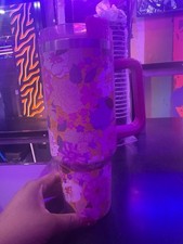 Large Floral Stainless Steel Travel Mug Tumbler with Handle & Straw –