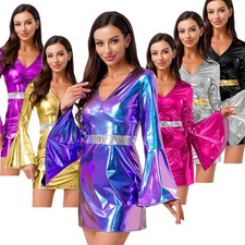 Women's Retro 70s Disco Bodycon V Neck Flared Sleeve Shiny Metallic Party Dress