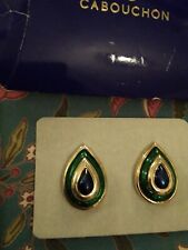 Emerald Green Blue Gold Tone Cabouchon Costume Jewellery Clip On Earrings