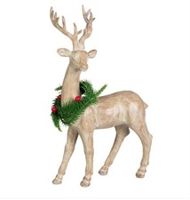 ​Rustic Wooden Effect Standing Reindeer Christmas Decoration with Wreath&Antlers