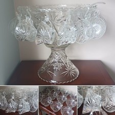 Punchbowl Set 12 Glass Cups Punch Bowl Pedestal Acrylic Ladle Hooks Vintage