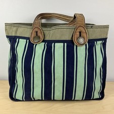 GAP Jeans Reversible Tote Bag Striped Teal Blue Army Green Leather Handles 2007