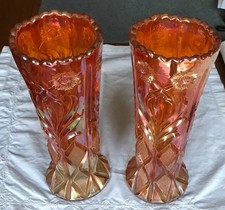 Pair 1930s Sunflower & Diamond Orange Marigold Carnival Glass Vases - 9.5"
