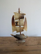 Vintage Hand Carved Nautical Sailing Ship Boat Made of Horn Masts Props Gift Vgc