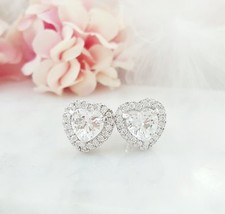 Heart Lab-Created Moissanite Halo Love Valentine Stud Earring White Gold Plated