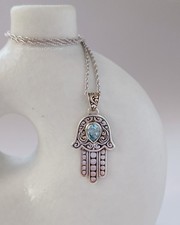 Platinum Plated Sterling Silver Royal Bali Topaz Large Hamsa Necklace unique