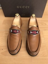 Gucci  Mens  Tan Leather Horsebit Green/  Red Web Loafers Shoe Uk 8.5