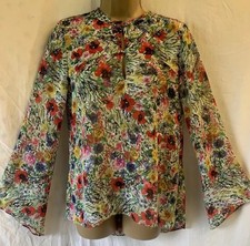 ZARA FLORAL POPPY COTTAGE GARDEN CHIFFON SIZE MEDIUM FLARED SLEEVED AUTUMN TOP