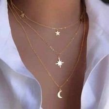Three Tier Stars And Moon Delicate And Refinded Statment Necklace Gold Plated