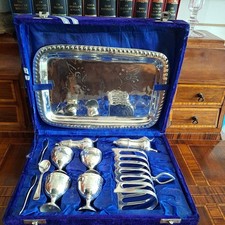 Vintage Silver Plated Egg Cruet Breakfast Tray Salt Pepper Shakers Toast Rack