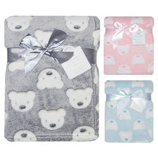 BABY FLEECE BLANKET WRAP TEDDY BEARS DESIGN BLUE PINK GREY PRAM COT CRIB GIFT