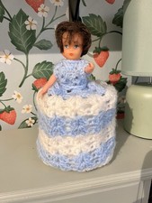 Vintage Knitted Doll Toilet Roll Holder Pastel Colours, Homemade Cover, Retro