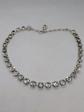 90sSingle Row Clear Crystal Choker Necklace In Silver Tone Metal  35cm L+7cm Ext