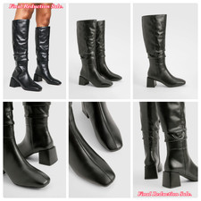 SALE WOMENS BLACK SIZES 4-8 RUCHED SLOUCH BLOCK HEEL SQUARE TOE KNEE HIGH BOOTS
