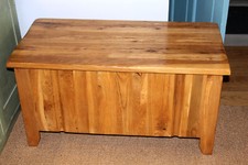 Old English blond oak Coffer blanket box /coffee table mid Century Carved detail