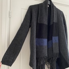 Poetry Open Shawl Cardigan Jacket Size UK 12/14 Grey Blue 100% Wool Tassels 