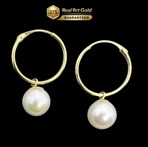 9ct pearl drop hoops 14mm - 9ct,