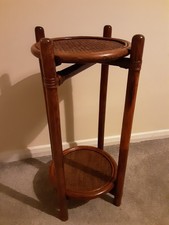 Vintage Bentwood Wicker 2 Tier folding Round Side Table Plant Stand Mid Century