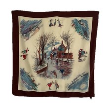 GUCCI silk Brown Scarf W/A Scenic Pattern Featuring The Winter,HandRolled35”/34”