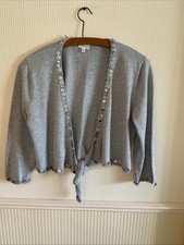 PHASE EIGHT Grey Mum Of Pearl Edging Bolero Cropped Tie Cardigan Cotton Size 16