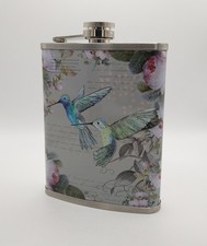 Vintage Hip Flask Hummingbird Roses Cover Steel 8oz Bayonet Boxed The Aviary