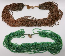 Vtg African Zulu 20 Strand Green Bead  & 30 Strand Brown Necklace Coin Clasps